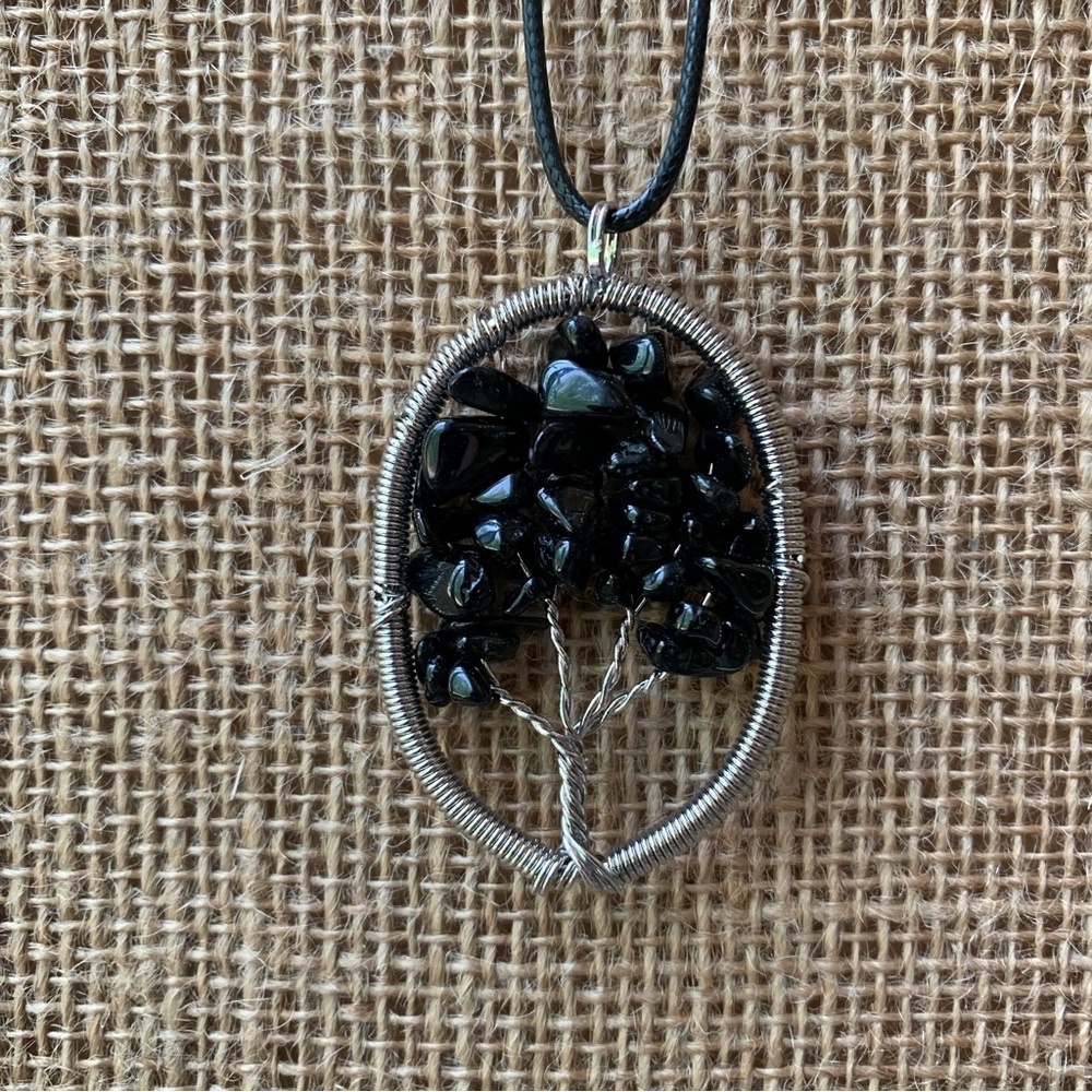 Black Obsidian Tree of Life Wire Wrapped Pendant Necklace Adjustable Cord Chain